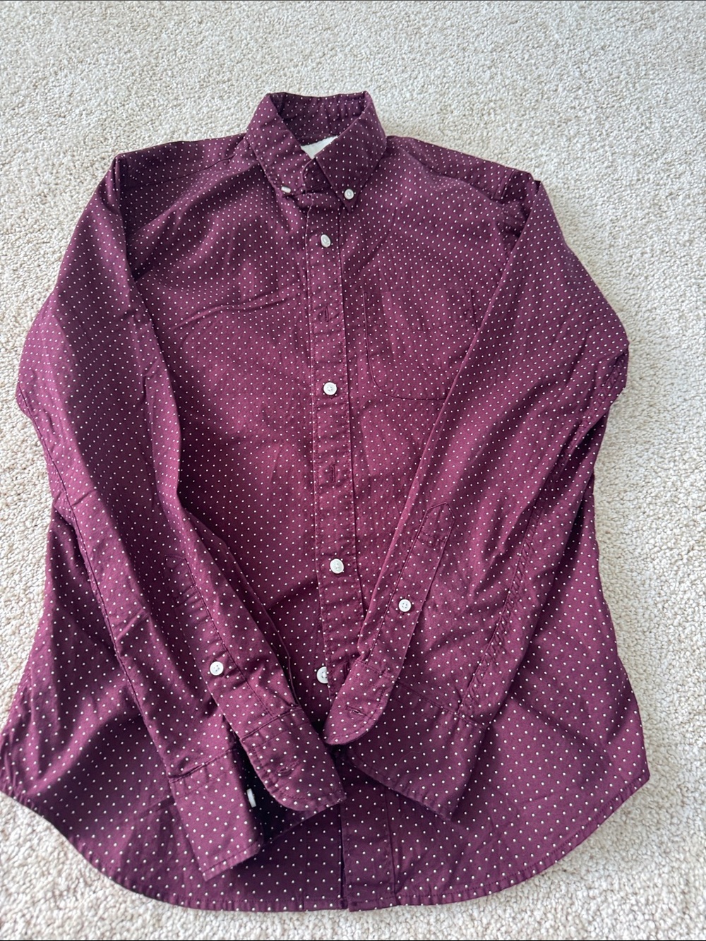 American Eagle Outfitters Men's Burgundy Button-Down with White Dot Print
